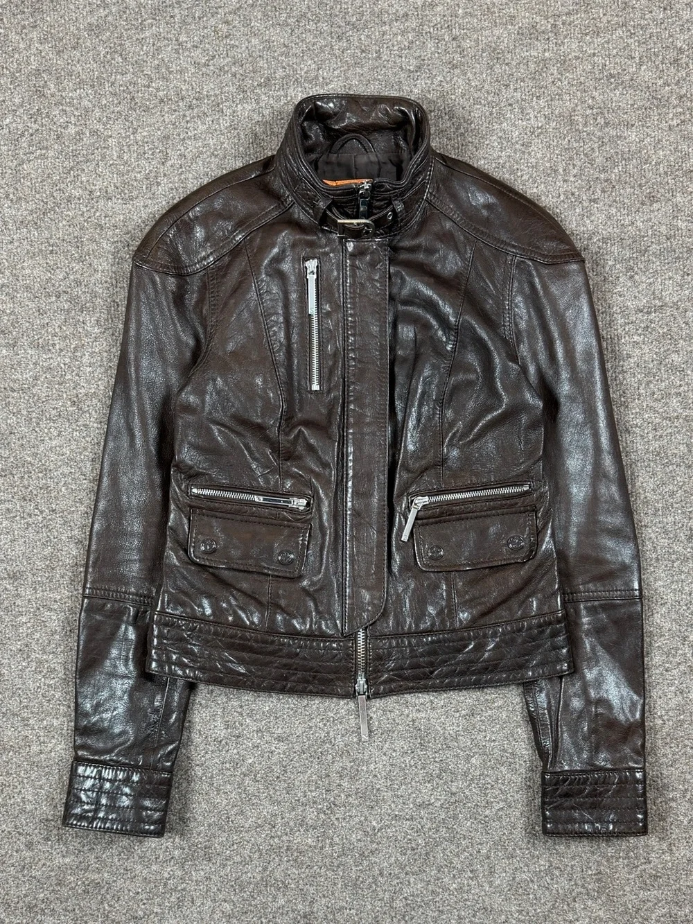 Tory Burch Brown Leather Moto Jacket Women’s Size 2 XS/S Buckle Funnel Neck Y2K
